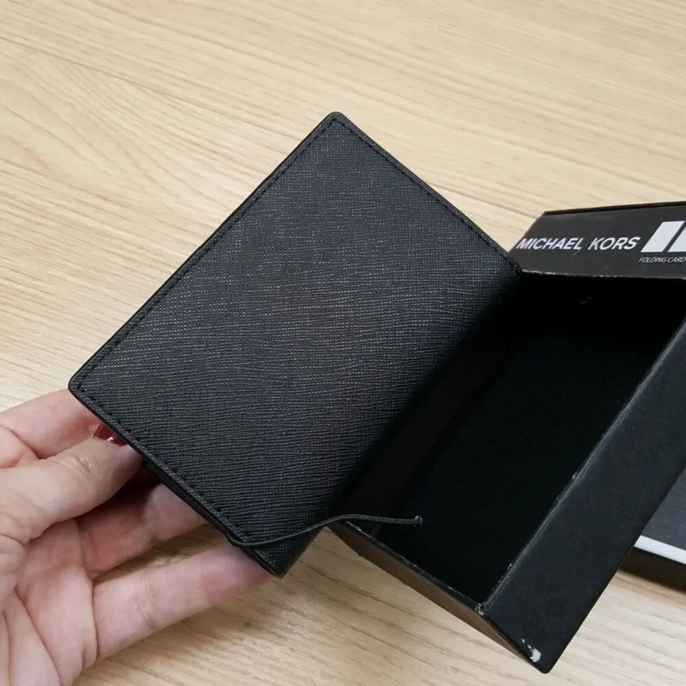 MICHAEL KORS Malone Bifold Folding Card Case Wallet Black Saffiano Leather $68